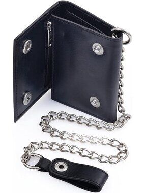 Stylish Leather Biker Wallet with Chain – Full Grain, Zipper Pocket, ID & Card